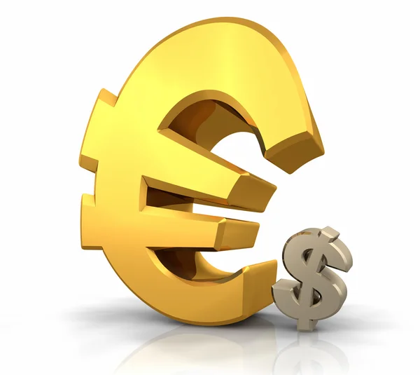 Large Gold Euro Sign Leaning Small Dollar Sign — Stock Photo, Image