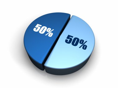 Blue pie chart with fifty - fifty percent, 3d render clipart