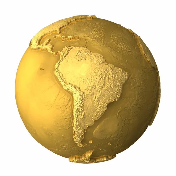 Zlatý Glóbus Kovové Země Realistickou Topografie Jižní Ameriky Vykreslování — Stock fotografie