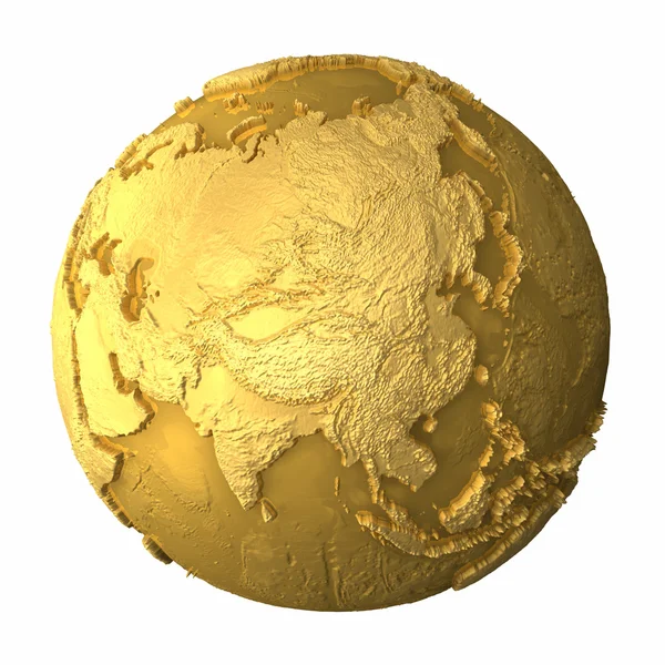 Gold Globe Metal Earth Realistic Topography Asia Render — Stock Photo, Image