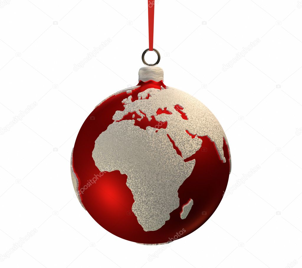 Christmas red bulb decorated with the shape of continents, Europe and Africa, 3d render