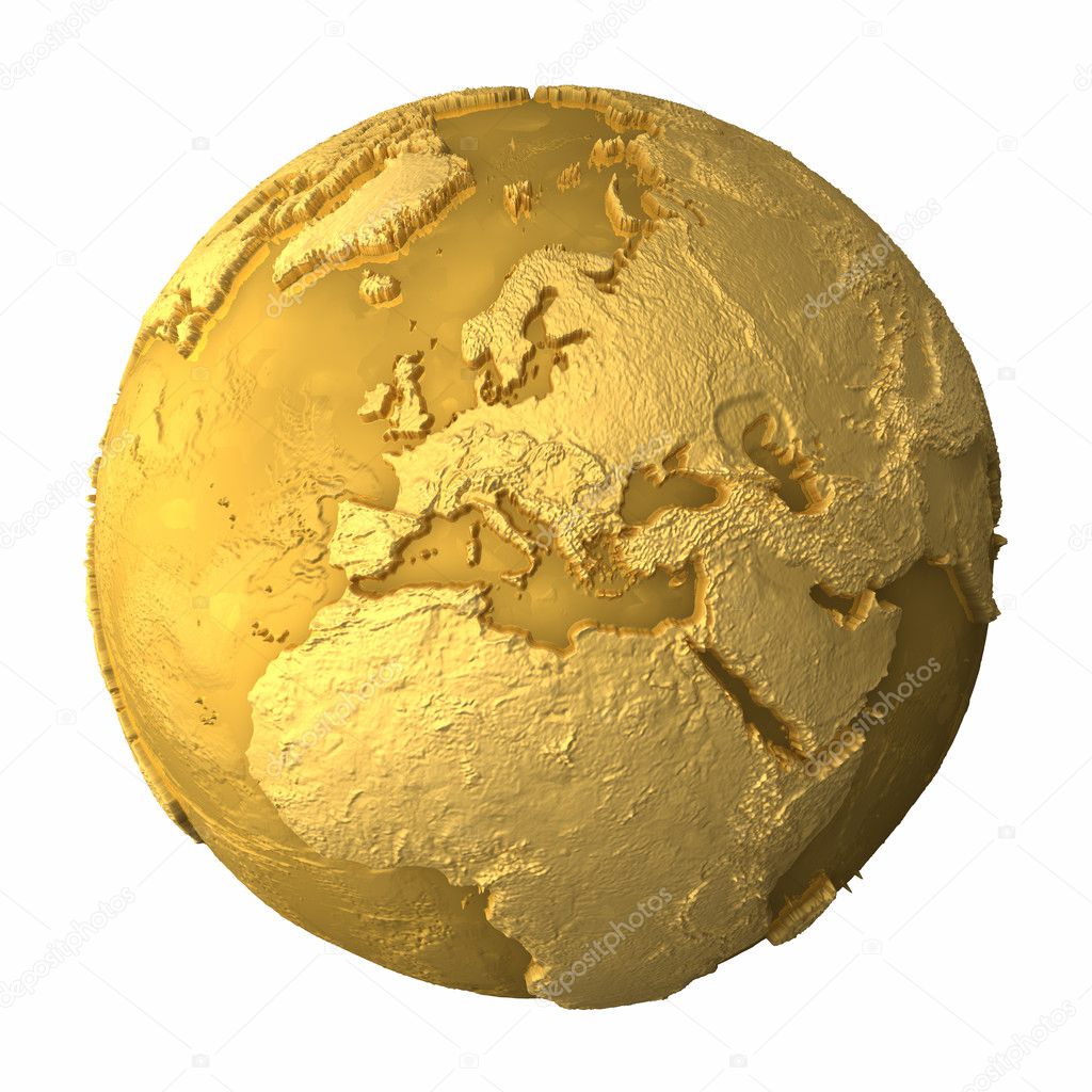 Gold globe - metal earth with realistic topography - europe, 3d render