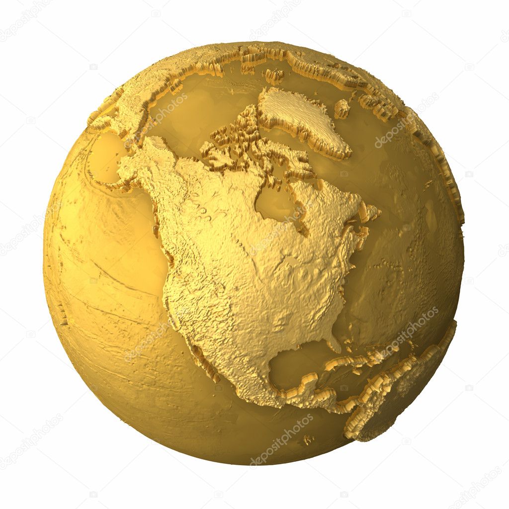 Gold globe - metal earth with realistic topography - north america, 3d render