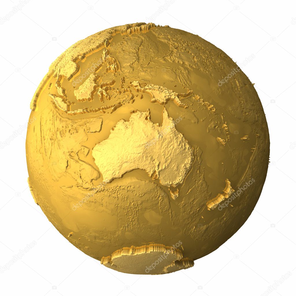 Gold globe - metal earth with realistic topography - australia, 3d render