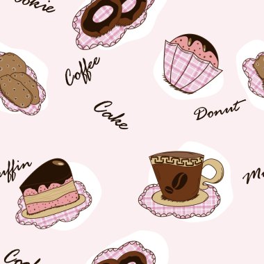 Vector seamless backgeound with cakes, cokkies, muffins and caffee clipart