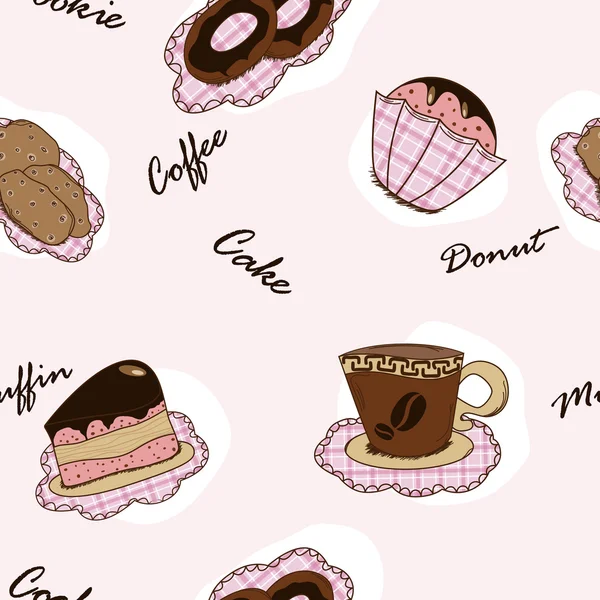ケーキ クッキー マフィン コーヒーとのシームレスな Backgeound をベクトルします — ストックベクタ
