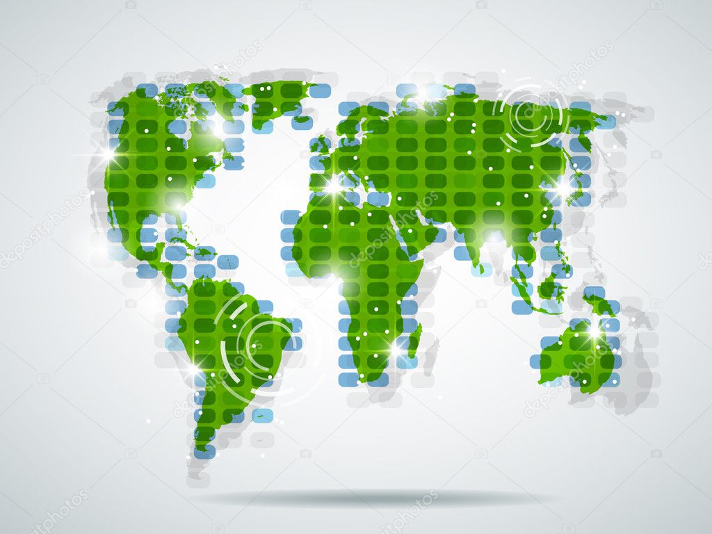 Vector green world map with bright light