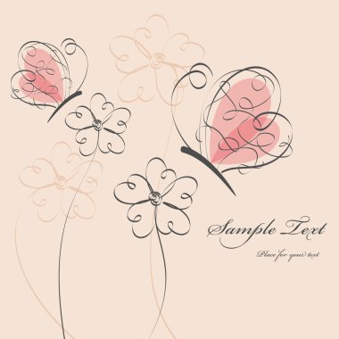 Vector picture with flowers and pink butterflies clipart