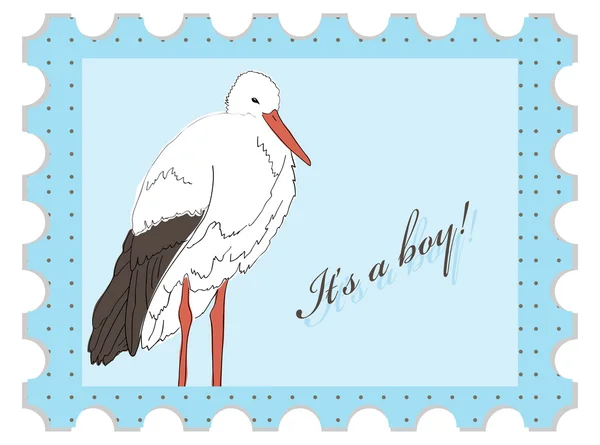 Vector Stamp Baby Boy Stork — Stock Vector