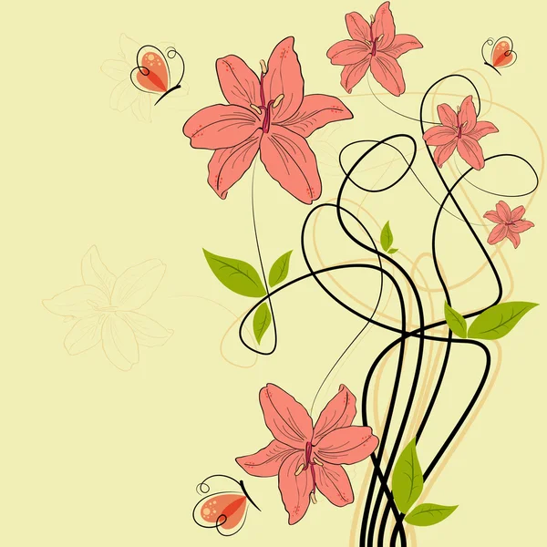 Vektorbilder Mit Rosa Lilienblüten Und Schmetterlingen — Stockvektor