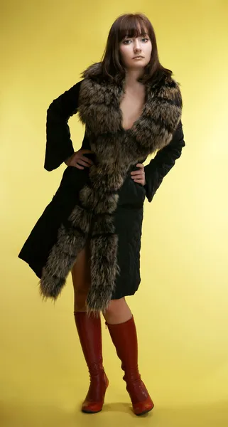 La hermosa chica en un abrigo de piel — Foto de Stock