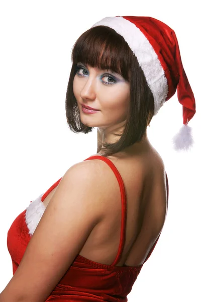 Noel kızı kırmızı santa şapka — Stok fotoğraf