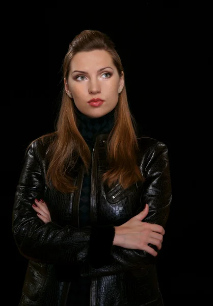 Portrait of the girl in a leather jacket — Stock Photo, Image