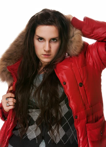 Lány Egy Piros Kabát Fehér Alapon — Stock Fotó