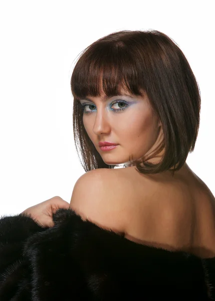 Sexy Girl Fur Coat White Background — Stock Photo, Image