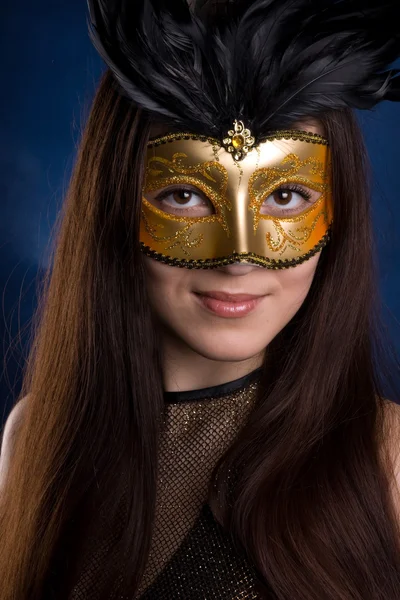 Young Girl Mask Photographed Dark Blue Background — Stock Photo, Image