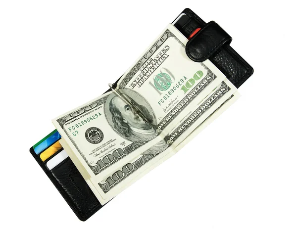 Billetera con dólares y tarjetas de crédito — Foto de Stock