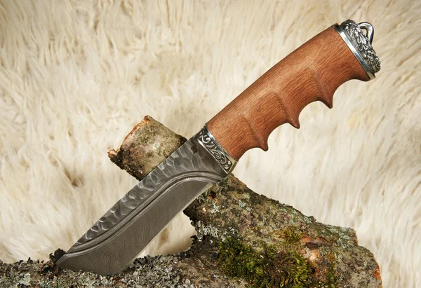 Il coltello da caccia su una pelle di un ariete — Foto Stock