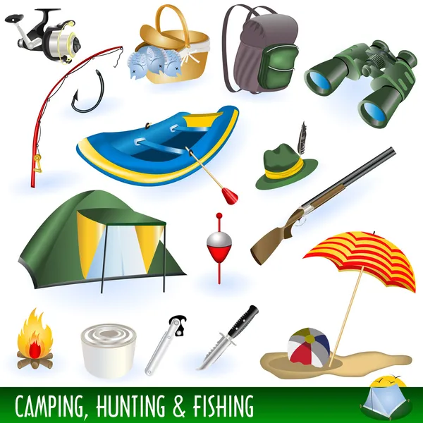 Kamp, avcılık ve balıkçılık — Stok Vektör
