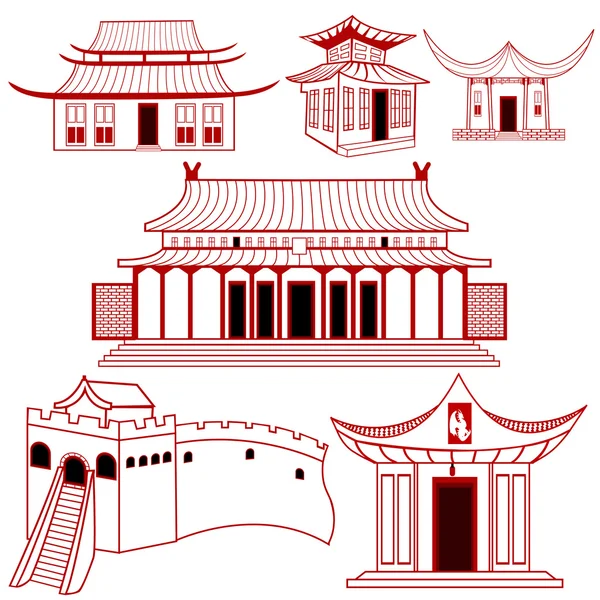 Chinês delineado edifícios tradicionais — Vetor de Stock