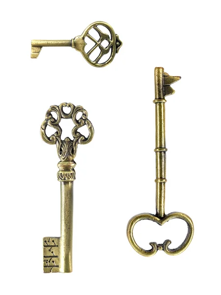 白色背景上孤立的复古黄铜钥匙 — 图库照片
