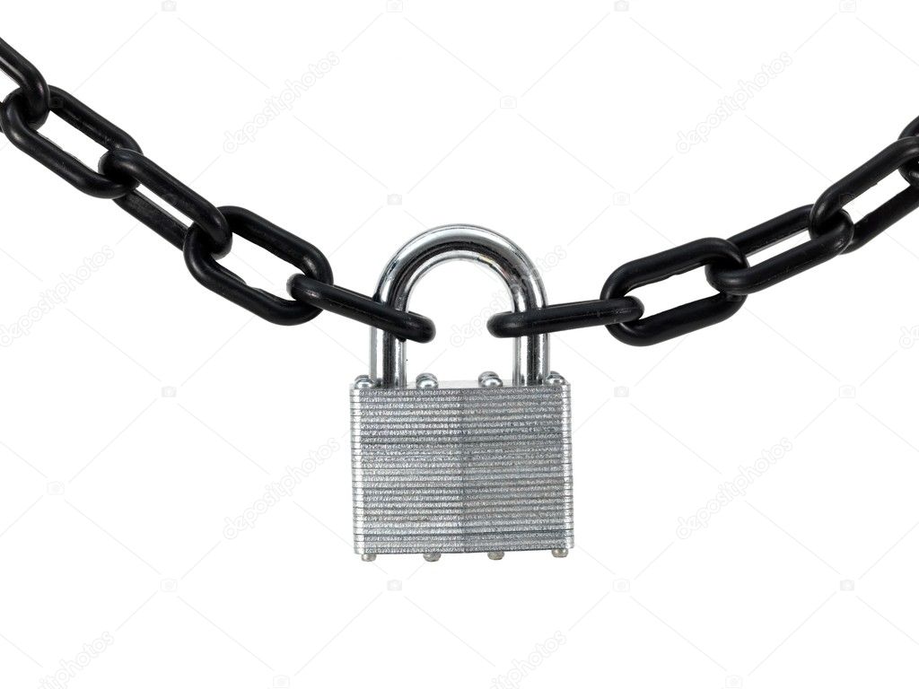 A black chain and padlock isolated against a white background
