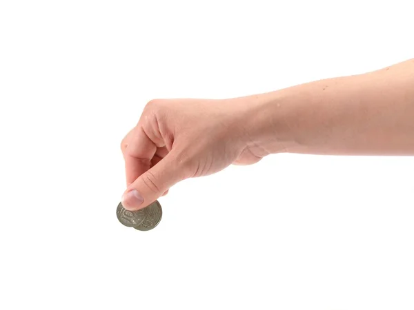 白い背景に対して隔離されるコインを持つ女性の手 — ストック写真