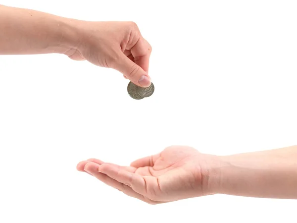白い背景に対して隔離されるコインを持つ女性の手 — ストック写真