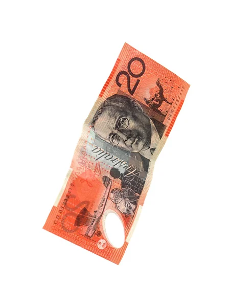 Австралийская Двадцатидолларовая Купюра Белом Фоне — стоковое фото
