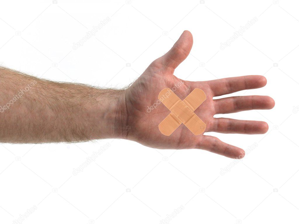 A hand isolated with a band aid against a white background