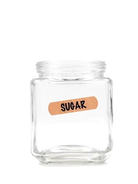 Een Lege Pot Met Een Suiker Label Geïsoleerd Tegen Een — Stockfoto
