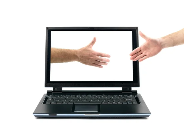 男性手成形出一台笔记本电脑 白色背景上孤立的握手 — 图库照片