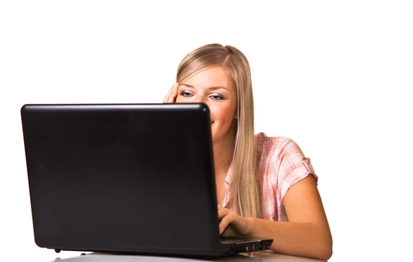 Femme caucasienne avec ordinateur portable sur backgrodun isolé blanc — Photo