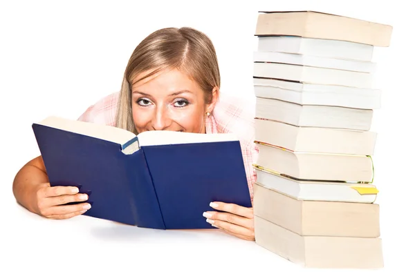 Jovem mulher caucasiana adulta com livros — Fotografia de Stock