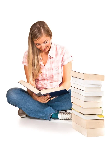 stock image Young adult caucasian woman with books