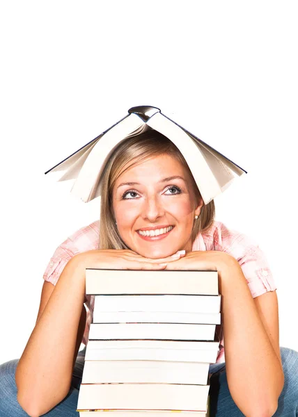 Young adult caucasian woman with books — Stock Photo, Image
