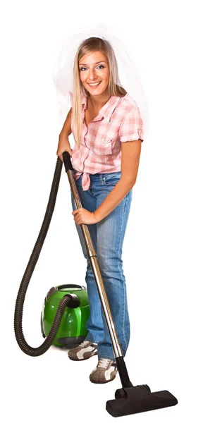 Wanita berkerudung pernikahan dengan vacuum cleane — Stok Foto