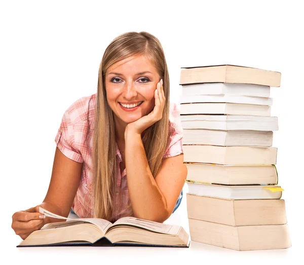 Jonge volwassen Kaukasische vrouw met boeken Stockfoto