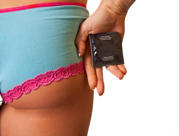 Close-up of woman panties with condom — Stock Photo, Image