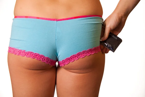 Close-up of woman panties with condom — Stock Photo, Image