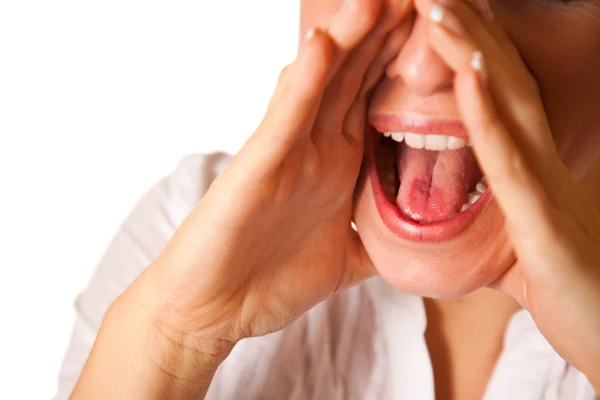 Wrzask kobieta usta zbliżenie — Zdjęcie stockowe