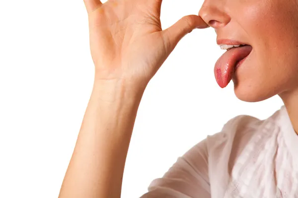Diye bağıran kadın ağzını kapatmak — Stok fotoğraf
