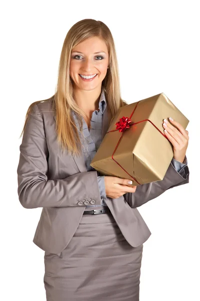 Donna caucasica bionda in abito formale con scatole regalo isolate su bianco — Foto Stock