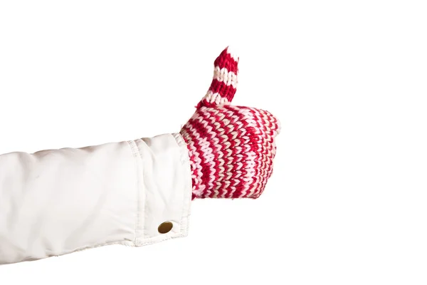 Mano de mujer en guantes coloridos y cálidos aislados en blanco — Foto de Stock