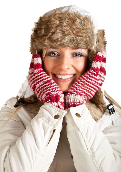 毛皮の帽子とクリスマスのギフト白で隔離される白人の金髪の女性 — ストック写真