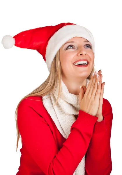 Kobieta w kapeluszu santa z Boże Narodzenie prezenty — Zdjęcie stockowe