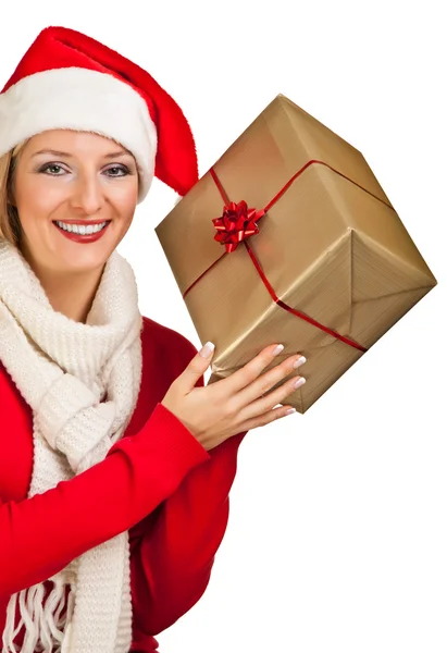 Woman in santa hat with christmas presents Stock Photo