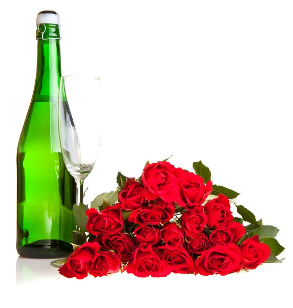Roses Saint Valentin Vin Champagne Isolé Sur Blanc — Photo