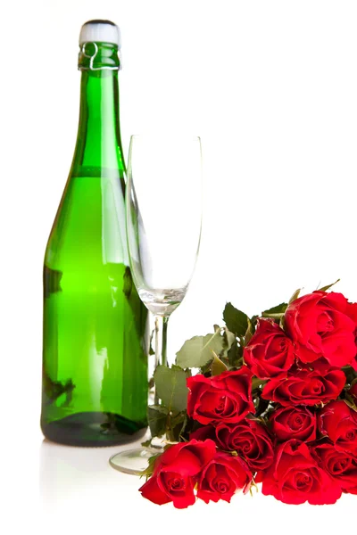 Sevgililer Günü Gül Beyaz Izole Şampanya Şarap — Stok fotoğraf