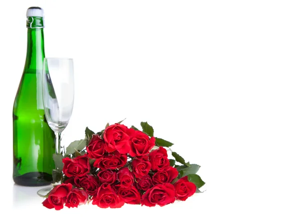 발렌타인 장미와 샴페인 와인 흰색 절연 — 스톡 사진